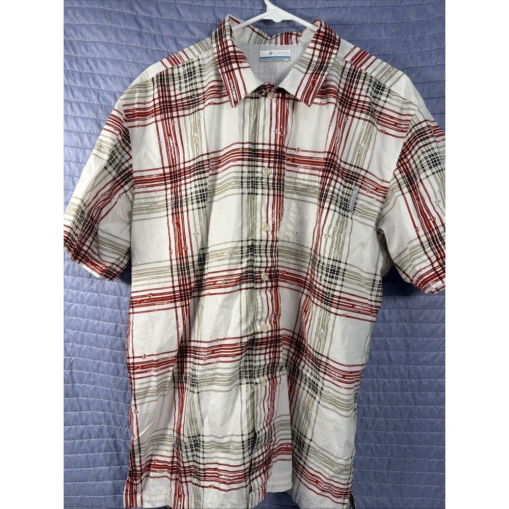 Columbia PFG Omni‎ Shade Fishing Shirt Mens M Beige Plaid Short Sleeve Button Up